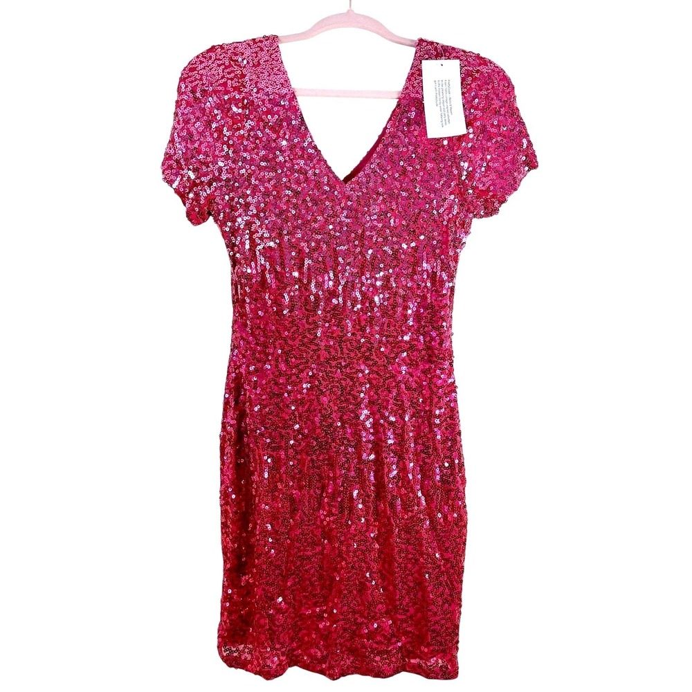 PrettyGuide Sequin Mini Dress Women Small Pink V-Neck Short Sleeve Party Retro